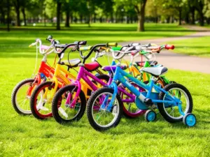 Kolorowe rowerki dla dzieci z kółkami bocznymi zaparkowane na ścieżce rowerowej w parku