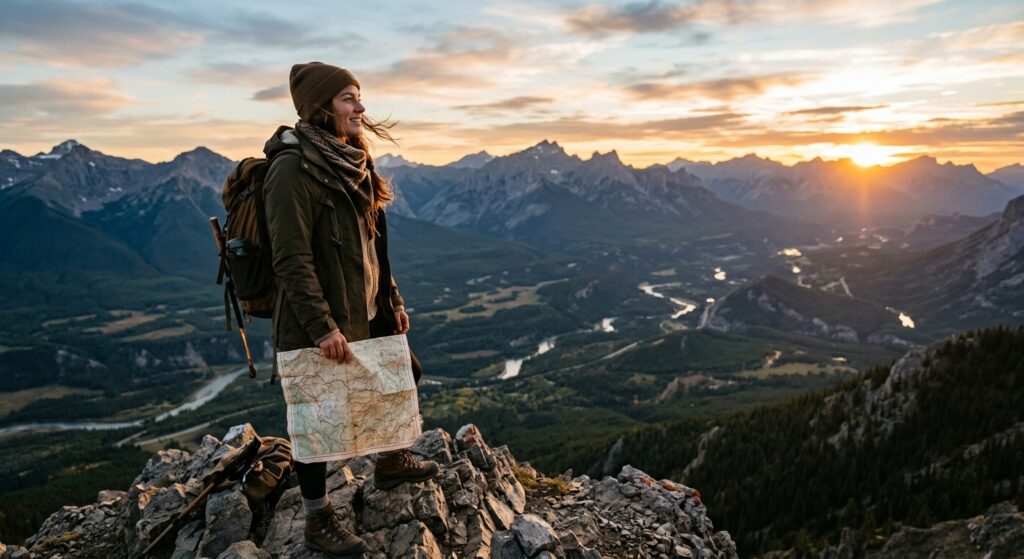 A cinematic, high-quality editorial shot of a wanderer standing on a mountain peak at sunset, lookin