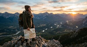 A cinematic, high-quality editorial shot of a wanderer standing on a mountain peak at sunset, lookin