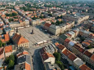 Rzeszów mapa - widok z lotu ptaka na centrum miasta z Rynkiem i układ ulic