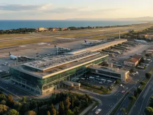 Rzym lotnisko Fiumicino widok z lotu ptaka na terminal i pasy startowe