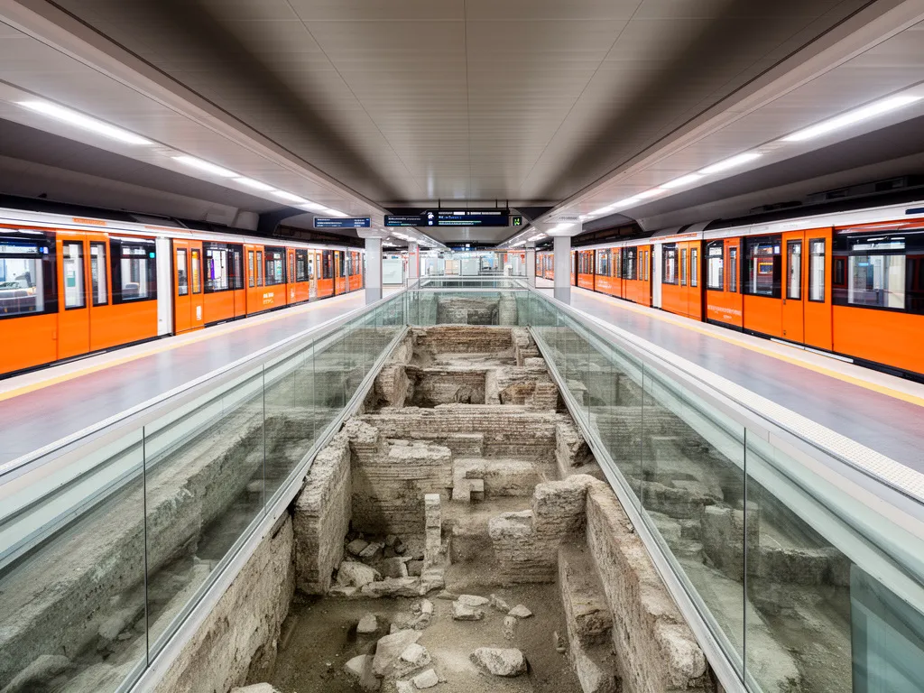 Nowoczesna stacja rzym metro z widocznymi starożytnymi ruinami archeologicznymi za szklanymi panelami