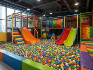 Kolorowa sala zabaw dla dzieci z tunelami, zjeżdżalniami i basenem z piłeczkami