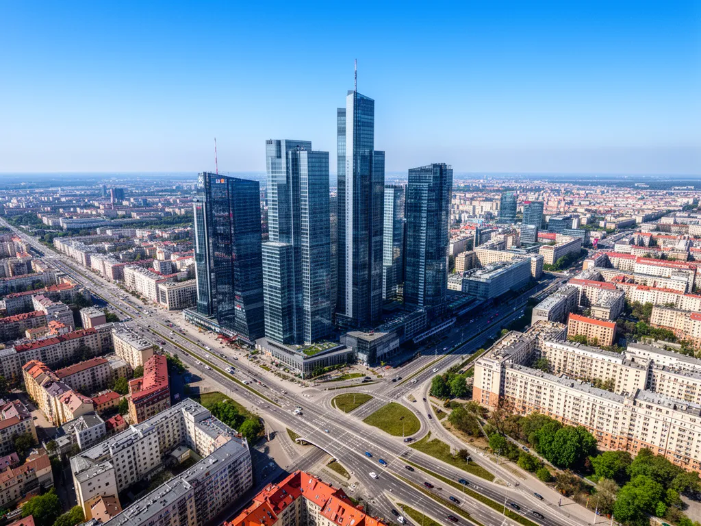 Panorama centrum Warszawy z ulicami i infrastrukturą drogową dla kierowców planujących podróż samochodem warszawa