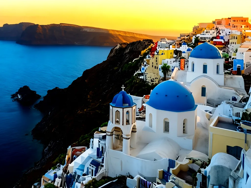 Białe domki z niebieskimi kopułami na klifach Santorini – idealne miejsce na santorini wakacje last minute w Grecji