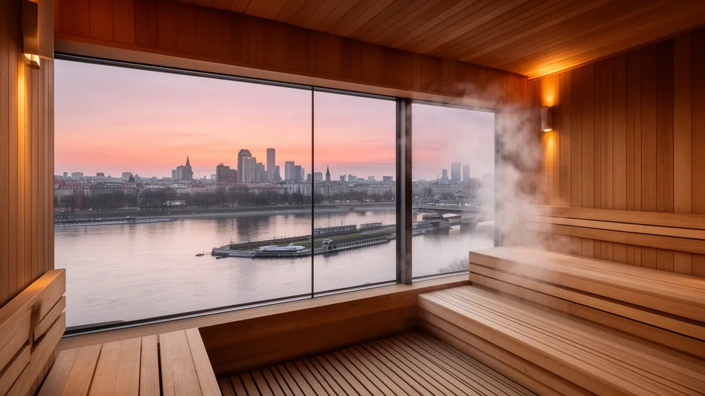 Nowoczesna sauna warszawa z widokiem na Wisłę i panoramę miasta o zachodzie słońca