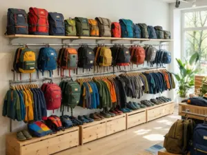 Sklep dziecięcy z wyposażeniem turystycznym - plecaki i odzież outdoor dla dzieci na półkach sklepowych
