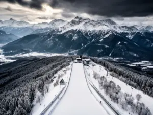 Skocznia Zakopane Wielka Krokiew na tle Tatr - widok z lotu ptaka na obiekt sportowy w zimowej scenerii górskiej