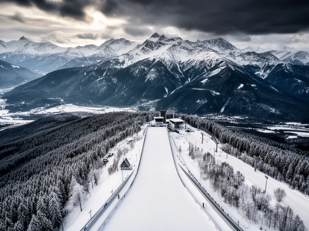 Skocznia Zakopane Wielka Krokiew na tle Tatr - widok z lotu ptaka na obiekt sportowy w zimowej scenerii górskiej