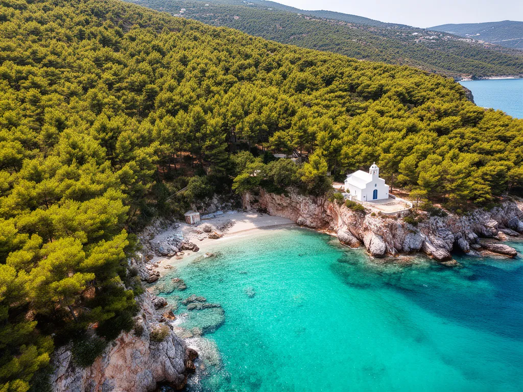 Skopelos wakacje - malownicza zatoka z turkusową wodą otoczona sosnowym lasem na greckiej wyspie Skopelos