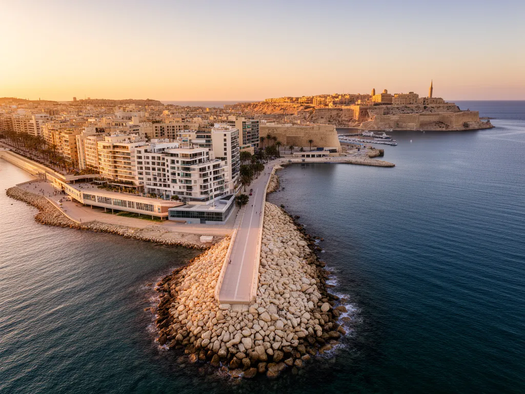 Panorama nadmorskiej promenady Sliema Malta z widokiem na Vallettę po drugiej stronie zatoki