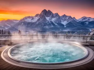 Basen termalny spa Zakopane z widokiem na Tatry o zachodzie słońca zimą