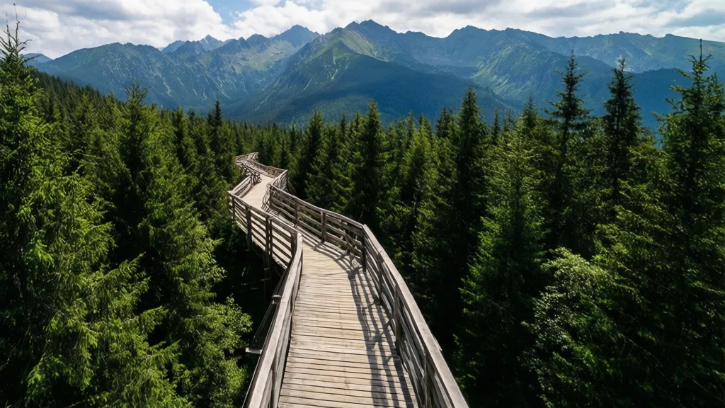 Spacer w koronach drzew Zakopane - drewniana ścieżka w koronach drzew z widokiem na Tatry w tle