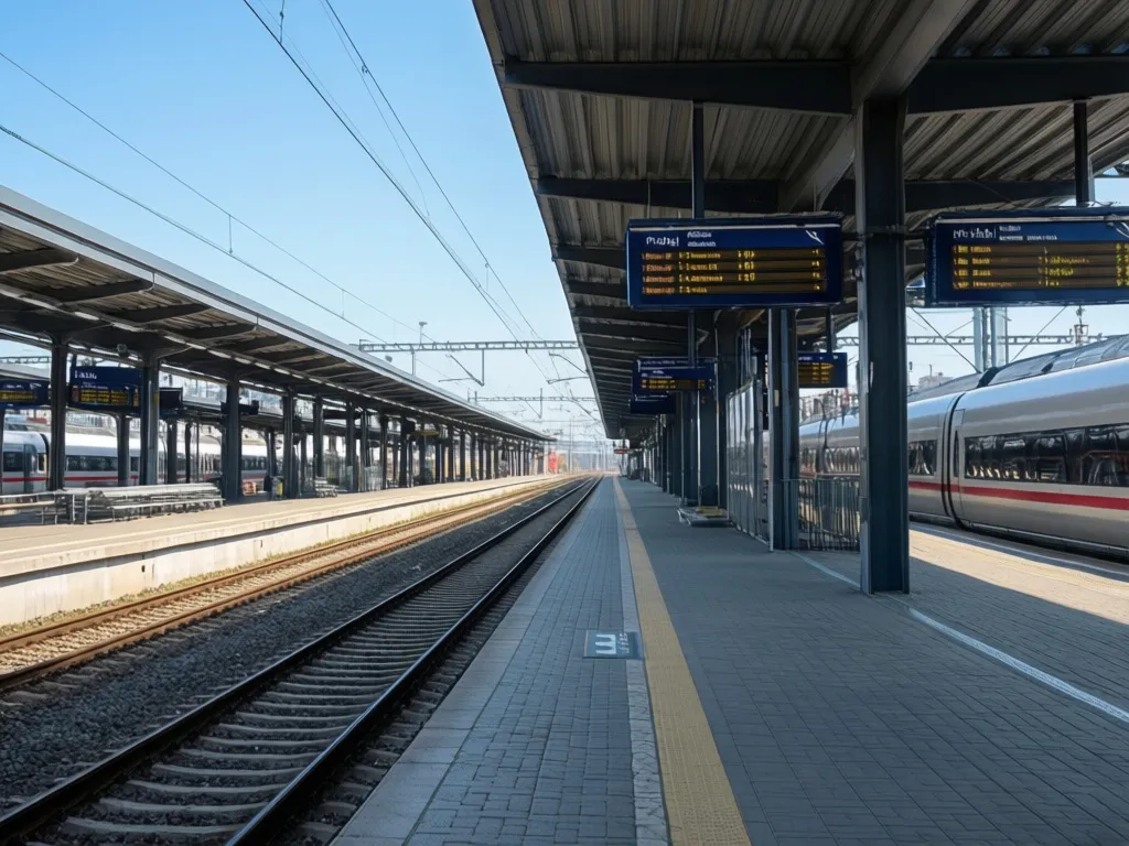 Nowoczesna stacja PKP z peronami i tablicami informacyjnymi dla pasażerów kolejowych