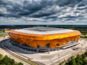 Stadion Gdańsk – nowoczesna arena piłkarska z charakterystyczną bursztynową elewacją, widok z lotu ptaka