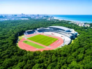 Stadion Leśny Sopot otoczony lasem – widok z lotu ptaka na bieżnie lekkoatletyczne i infrastrukturę sportową