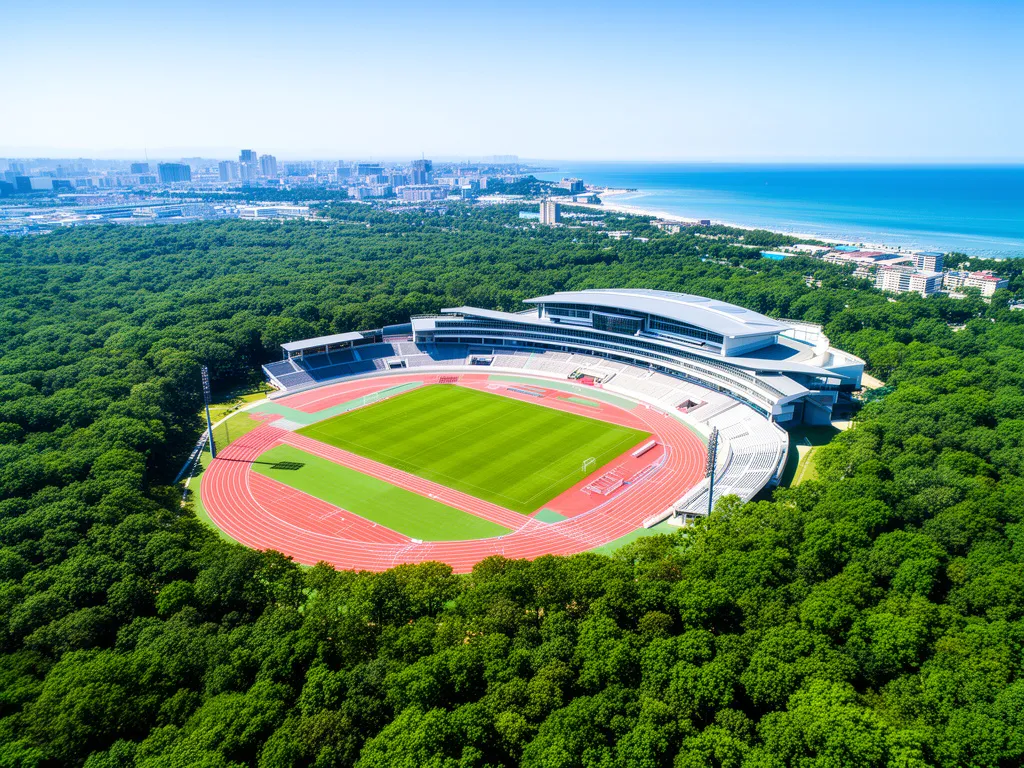 Stadion Leśny Sopot otoczony lasem – widok z lotu ptaka na bieżnie lekkoatletyczne i infrastrukturę sportową
