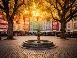 Stary Rynek Oliwski Gdańsk z kamieniczkami i brukowanym placem w sercu dzielnicy Oliwa