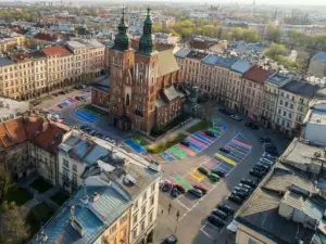 Strefa parkowania Kraków - widok na oznaczone miejsca parkingowe w centrum miasta z podziałem na strefy płatnego parkowania