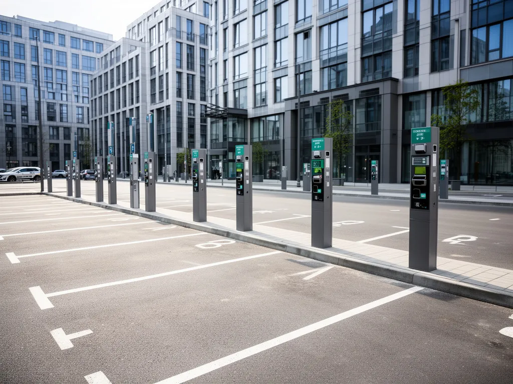 Strefa płatnego parkowania Warszawa z oznakowanymi miejscami postojowymi i parkometrami w centrum miasta