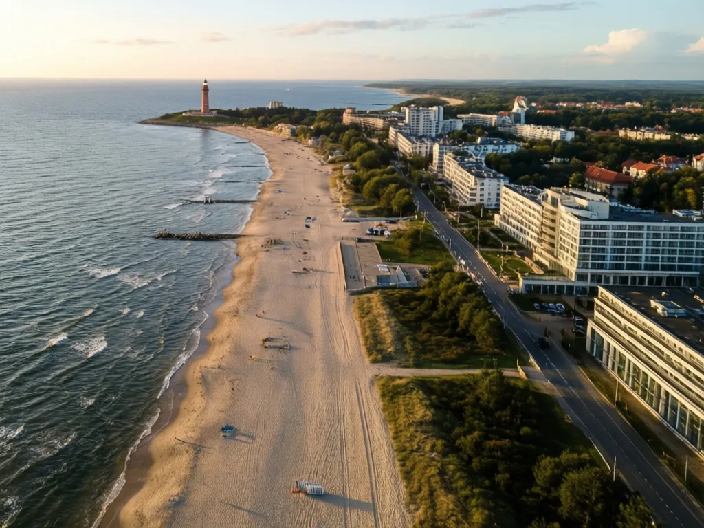 Panorama Świnoujścia z plażą i hotelem – świnoujście noclegi nad Bałtykiem