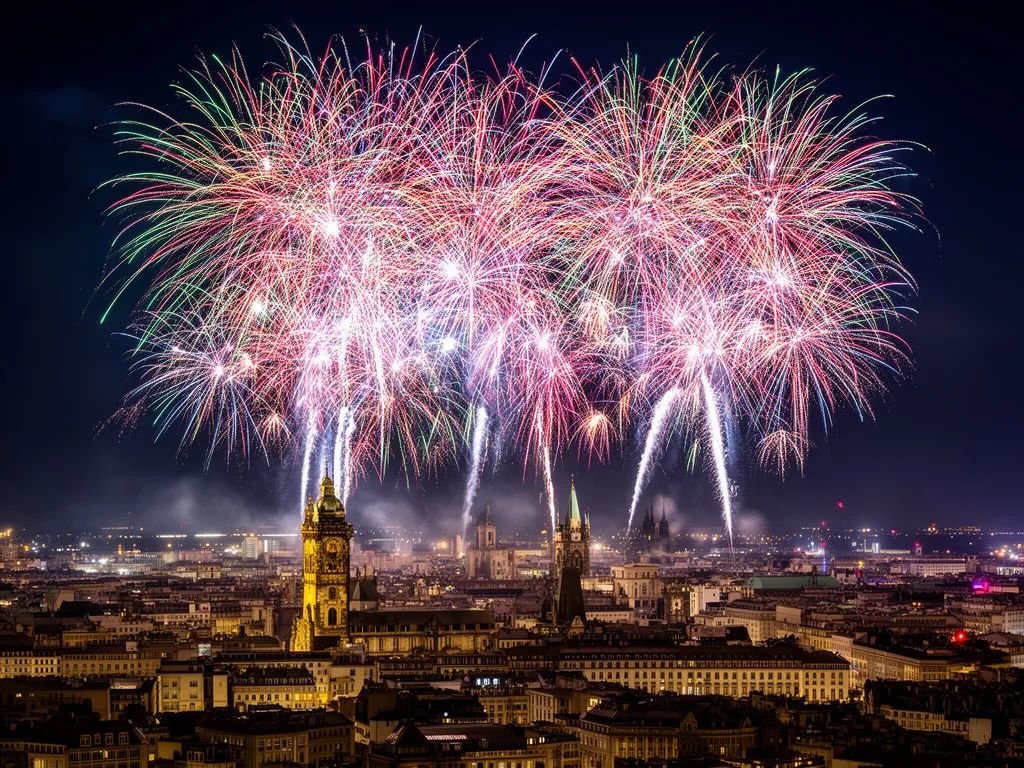 Pokaz ogni sztucznych podczas sylwestra za granicą nad panoramą europejskiego miasta o północy