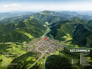 Szczawnica mapa turystyczna przedstawiająca szlaki górskie w Pieninach i lokalizację uzdrowiska nad Dunajcem
