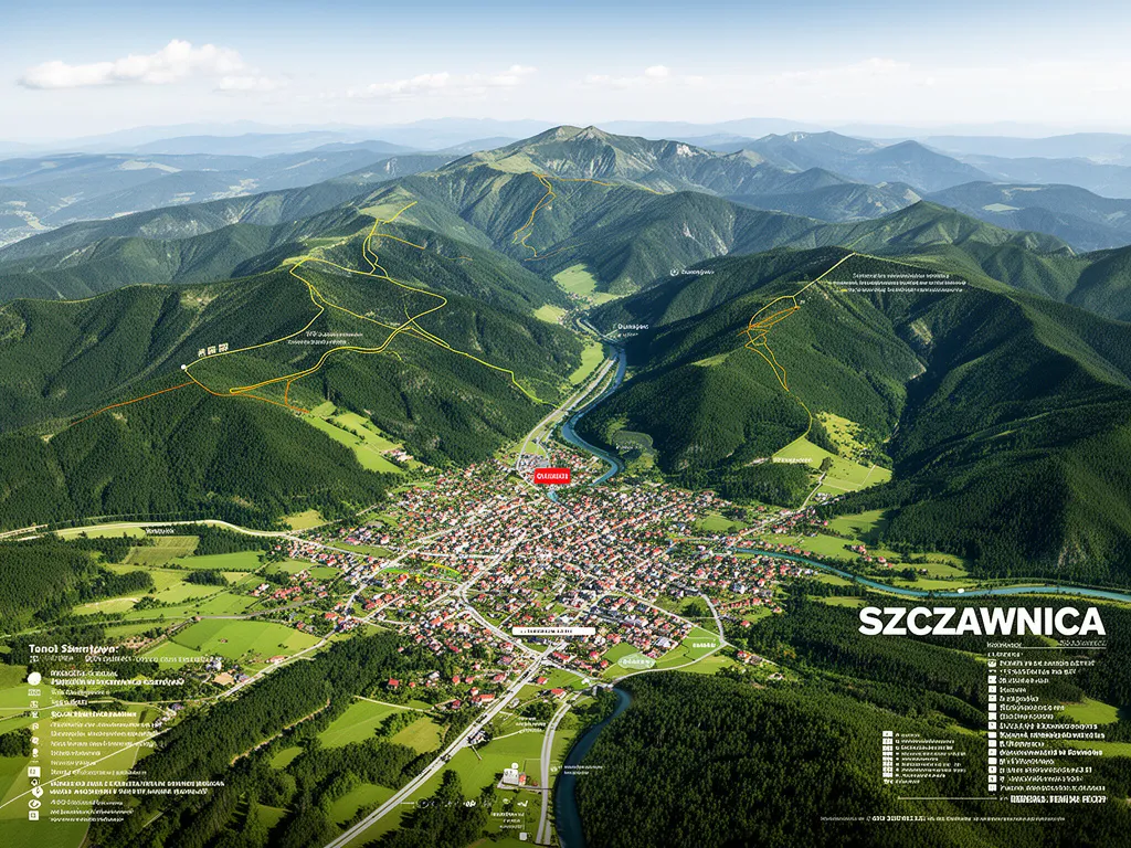 Szczawnica mapa turystyczna przedstawiająca szlaki górskie w Pieninach i lokalizację uzdrowiska nad Dunajcem