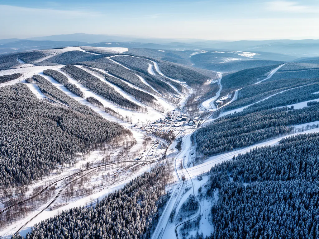 Szczyrk mapa - widok z lotu ptaka na dolinę i trasy narciarskie w Beskidzie Śląskim, panorama kurortu górskiego