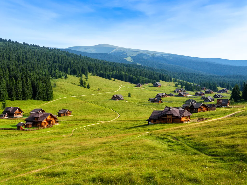 Szczyrk noclegi z psem - malowniczy widok na góry Beskidy z domkami przyjaznym zwierzętom
