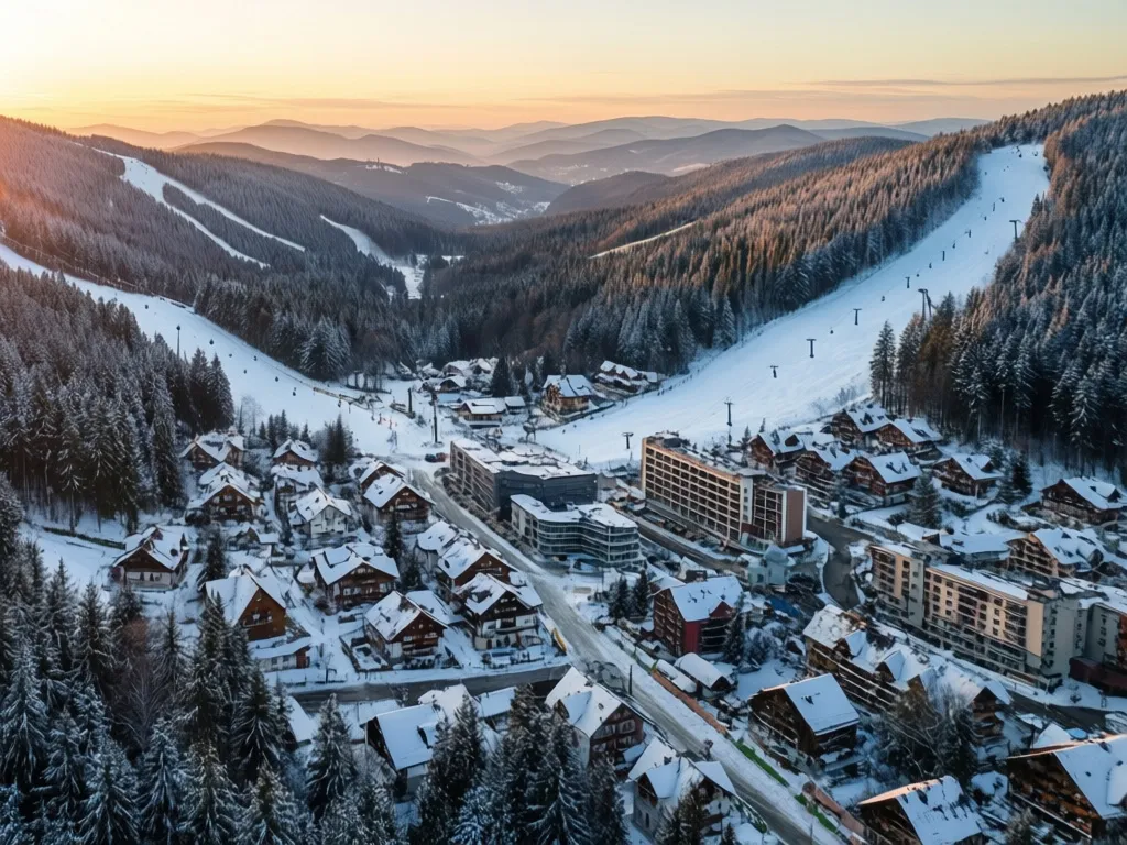 Szczyrk noclegi - panorama zimowego kurortu z hotelami i pensjonatami w Beskidzie Śląskim