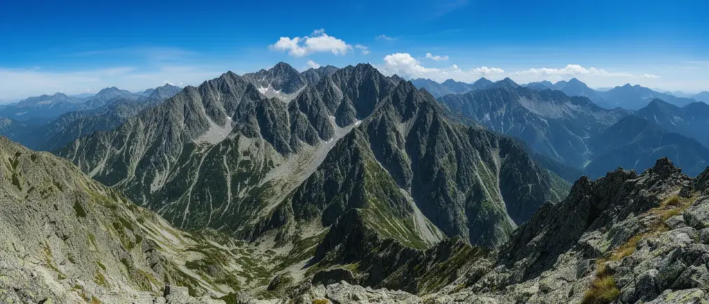 Szczyty tatrzańskie – panorama górskich szczytów w polskich Tatrach z charakterystycznymi skalnymi formacjami