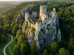 Szlak Orlich Gniazd mapa z widokiem na ruiny zamku na skale wapiennej otoczonej lasem i szlakiem turystycznym