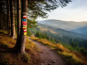 Oznakowany szlak turystyczny prowadzący przez polskie góry z kolorowymi znakami na drzewach