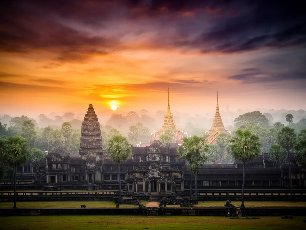 Świątynie Angkor Wat i tajskie budowle na tle tropikalnego krajobrazu symbolizujące podróż Tajlandia Kambodża