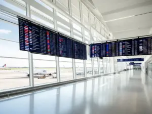 Nowoczesny terminal lotniska z widokiem na samoloty - symbol taniego latania i dostępnych podróży lotniczych po Europie