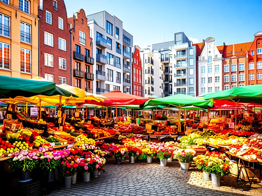 Targowisko Zielony Rynek Gdańsk Przymorze - kolorowe stoiska z warzywami i kwiatami na tle osiedla mieszkaniowego