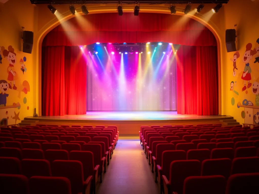 Kolorowa scena teatralna z czerwoną kurtyną - teatr dla dzieci Warszawa oferuje magiczne spektakle dla najmłodszych