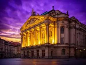 Teatr Kraków – zabytkowa fasada budynku teatralnego w centrum miasta o zmierzchu z podświetlonymi kolumnami