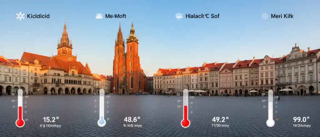 Temperatura Kraków - widok Rynku Głównego z termometrem pokazującym wahania temperatur w ciągu roku
