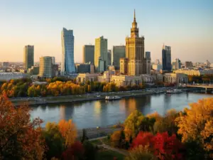 Panorama Warszawy nad Wisłą - miasto gdzie temperatura wahania się od mrozów zimowych do letnich upałów
