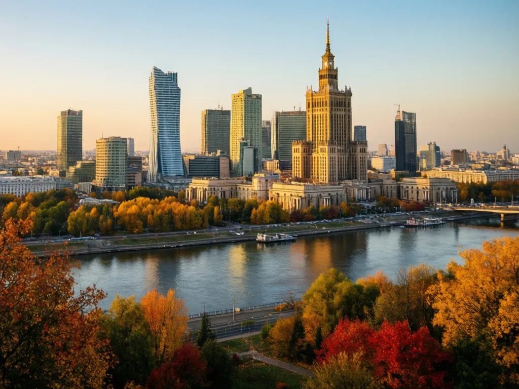 Panorama Warszawy nad Wisłą - miasto gdzie temperatura wahania się od mrozów zimowych do letnich upałów