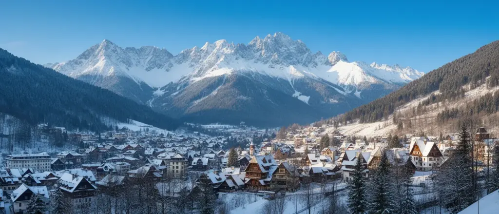 Panorama Zakopanego w Tatrach pokazująca jak temperatura zakopane wpływa na zimowy krajobraz górski