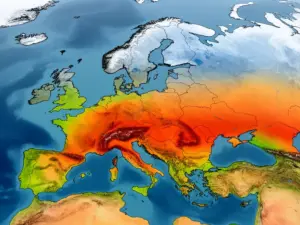 Mapa stref klimatycznych pokazująca zróżnicowane temperatury w Europie od regionów śródziemnomorskich po arktyczne