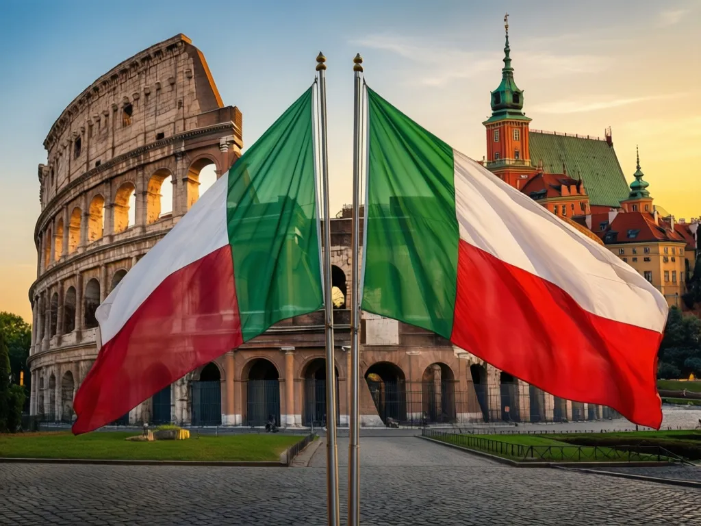 Tłumacz włoski polski - symbole Włoch i Polski przedstawiające połączenie kultur i języków w tłumaczeniach