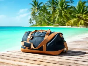 Torba na wakacje leżąca na pomoście przy tropikalnej plaży z turkusową wodą i palmami w tle