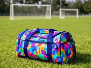 Torba sportowa dla dzieci leżąca na trawie obok boiska sportowego z bramkami w tle