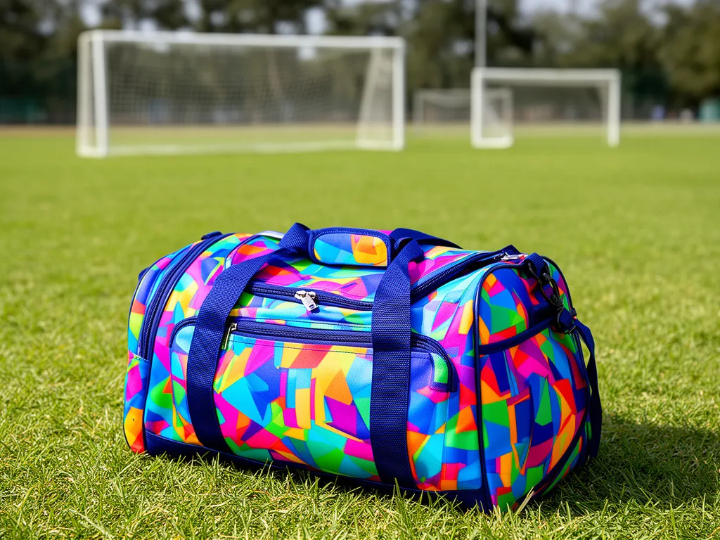 Torba sportowa dla dzieci leżąca na trawie obok boiska sportowego z bramkami w tle