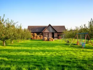 Toruń agroturystyka dla dzieci - malownicze gospodarstwo wiejskie z placem zabaw i zielonymi łąkami w tle