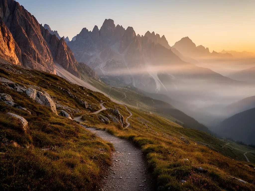 Górski szlak trekkingowy prowadzący przez dziką alpejską dolinę ze skalistymi szczytami w tle